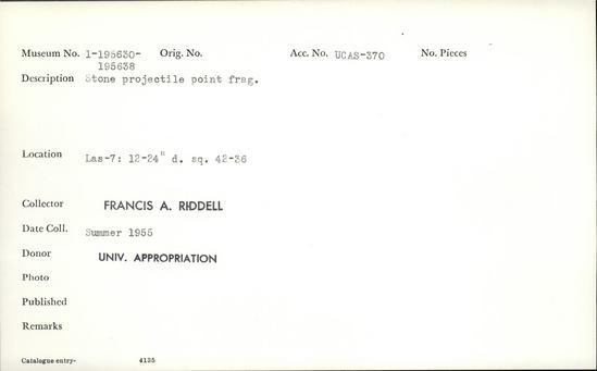 Documentation associated with Hearst Museum object titled Projectile point fragment, accession number 1-195637, described as Stone projectile point, fragment