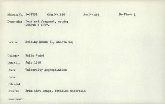 Documentation associated with Hearst Museum object titled Awl fragment, accession number 1-37391, described as Bone, crude