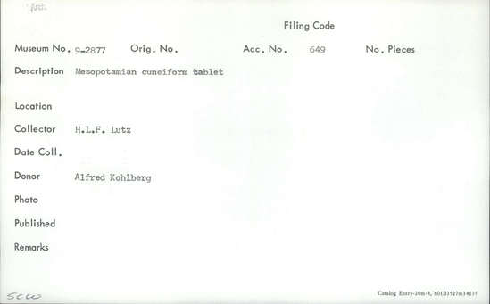 Documentation associated with Hearst Museum object titled Cuneiform tablet, accession number 9-2877, described as Mesopotamian cuneiform tablet