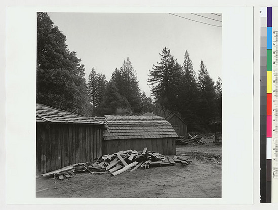 Hearst Museum object titled Black-and-white negative, accession number 15-19462, described as Distance shot of roundhouse connection with entranceway and new roofing