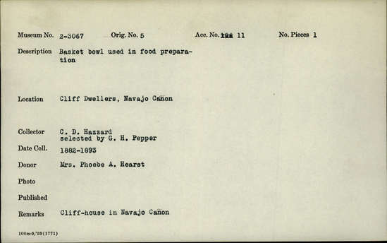 Documentation associated with Hearst Museum object titled Bowl basket, accession number 2-3067, described as Basket bowl used in food preparation