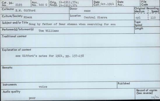 Documentation associated with Hearst Museum object titled Audio recording, accession number 24-2193, described as Song by father of a bear shaman when searching for son