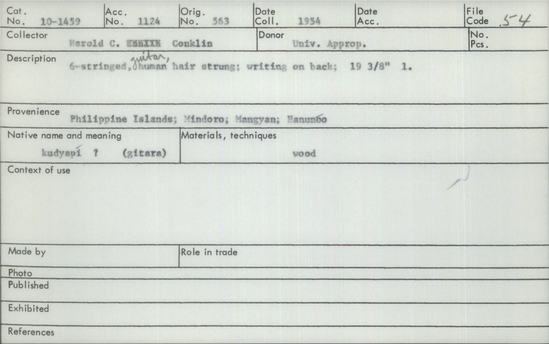 Documentation associated with Hearst Museum object titled Musical instrument, accession number 10-1459, described as 6-stringed guitar, human hair strung; writing on back; 19 3/8” 1.