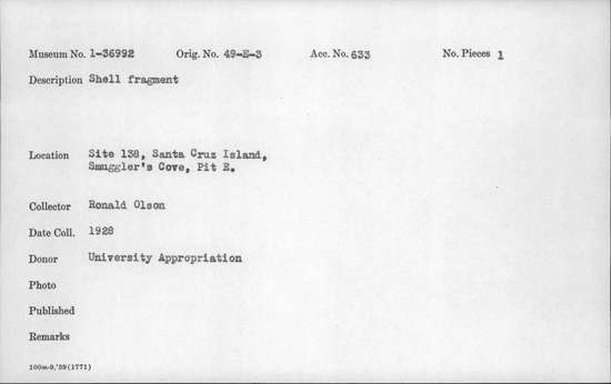 Documentation associated with Hearst Museum object titled Shell fragment, accession number 1-36992, described as Shell fragment