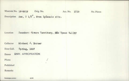 Documentation associated with Hearst Museum object titled Axe, accession number 16-9819, described as Axe, 2.5 inches, from Ipiamais site.