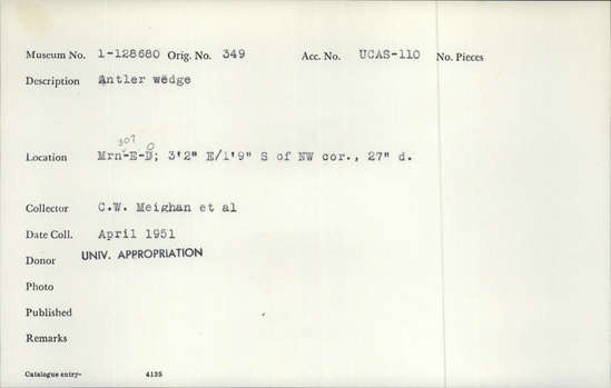 Documentation associated with Hearst Museum object titled Wedge, accession number 1-128680, described as Antler wedge.