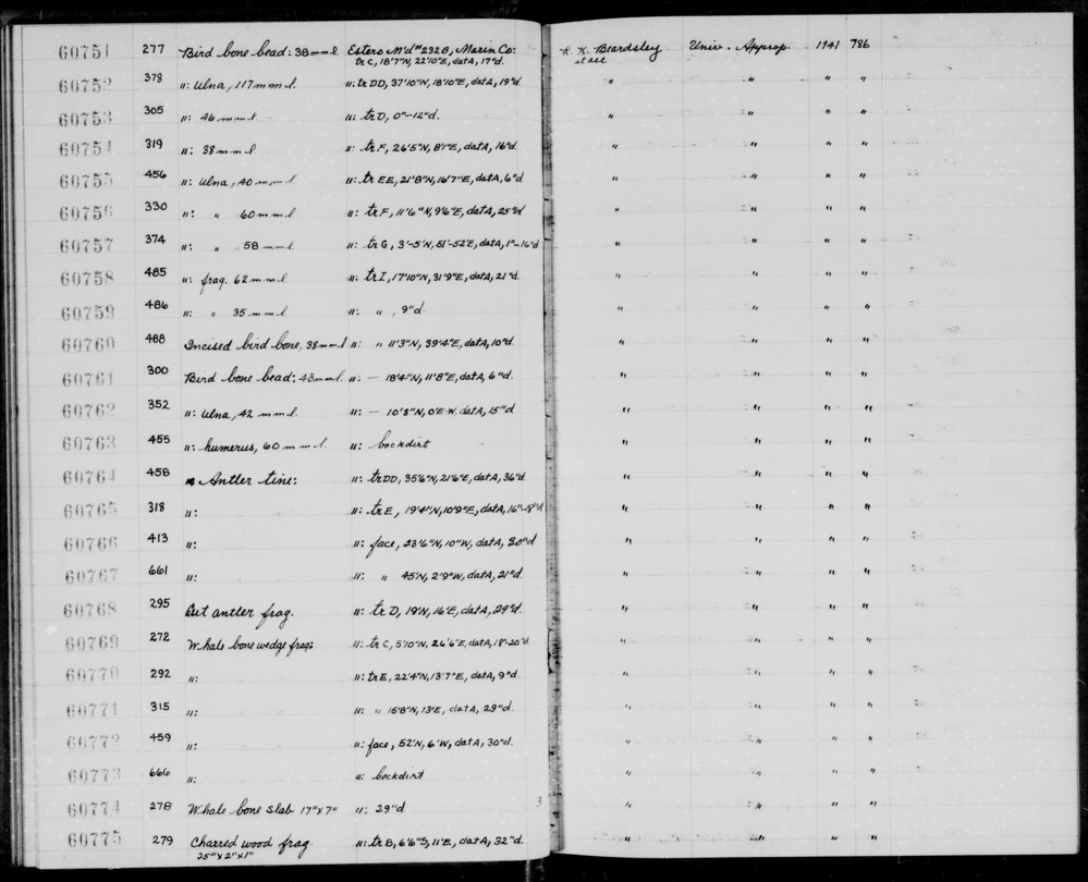 Documentation associated with Hearst Museum object titled Bead, accession number 1-60753, described as Bird bone. Notice: Image restricted due to its potentially sensitive nature. Contact Museum to request access.