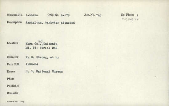 Documentation associated with Hearst Museum object titled Asphaltum, accession number 1-53495, described as Piece of bone and fiber attached.