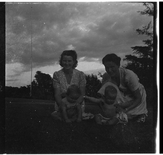 Hearst Museum object 2 of 2 titled Black-and-white negative, accession number 15-31290, described as Black-and-white negative, Nigeria, Ilesha, 2 European women, with 2 babies, 1951