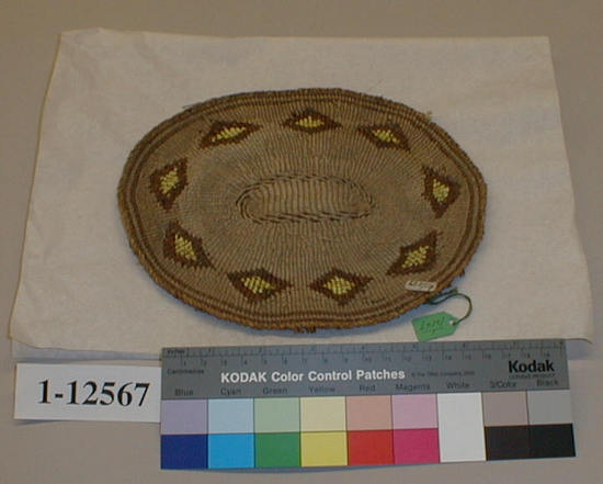 Hearst Museum object titled Gambling tray, accession number 1-12567, described as Gambling tray; twined. Warp is twisted Tule (Schoenoplectus acutus), weft is Cattail (Typha latifolia). Brown dye is Tule root. Yellow dye is Porcupine quills (Erethizon dorsatum) in Wolf lichen (Letharia vulpina).