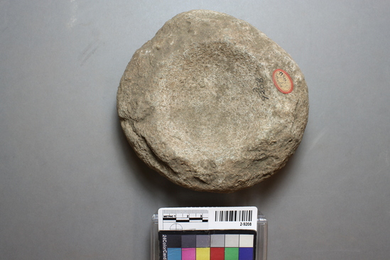 Hearst Museum object titled Mortar, accession number 2-9208, described as Small shallow mortar in irregular piece of reddish granite.