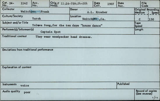 Documentation associated with Hearst Museum object titled Audio recording, accession number 24-1142, described as Tolowa Song for the 10-days "house dance