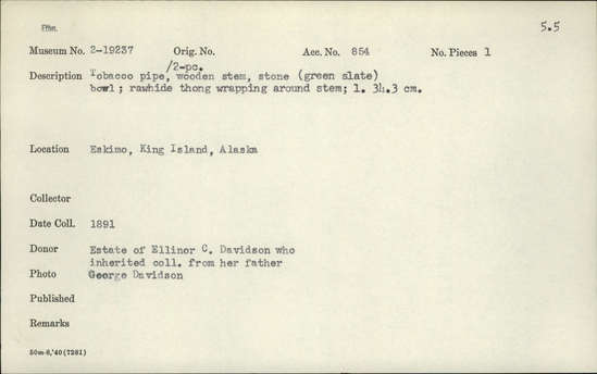 Documentation associated with Hearst Museum object titled Pipe, accession number 2-19237, described as Tobacco pipe with 2-piece wooden stem, stone (green slate) bowl, rawhide thong wrapping around stem.