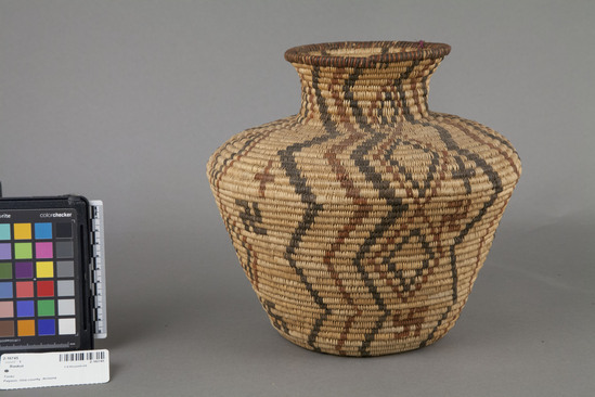 Hearst Museum object 2 of 2 titled Basket, accession number 2-16745, described as Bottle neck, black and red design, coiled.