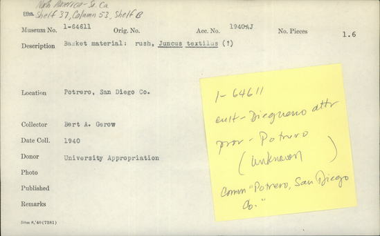 Documentation associated with Hearst Museum object titled Basket material, accession number 1-64611, described as Rush, Juncus textilus (?).