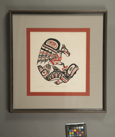 Hearst Museum object titled Print, accession number 2-71693, described as Print; silkscreen; red and black; signed, titled, dated, and numbered by artist Tony Hunt; “Kwa-Gulth and Killer whale”; 1979; number 109 in series of 200; framed with black and brown stained wood; glazed with glass.