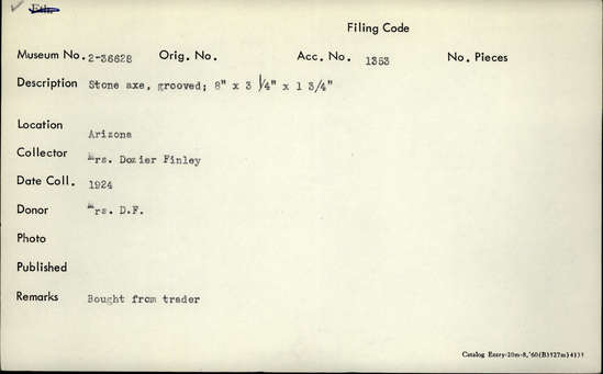 Documentation associated with Hearst Museum object titled Axe, accession number 2-36628, described as Grooved stone.