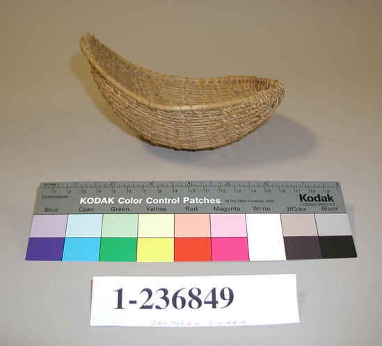 Hearst Museum object titled Basket, accession number 1-236849, described as Openwork diagonally twined, scoop shaped, no design, all materials peeled.