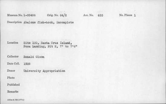 Documentation associated with Hearst Museum object titled Fishhook, accession number 1-35456, described as Abalone, incomplete.