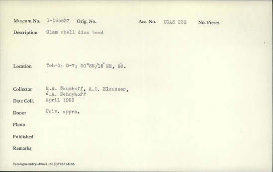 Documentation associated with Hearst Museum object titled Bead, accession number 1-155537, described as Clam shell disc.