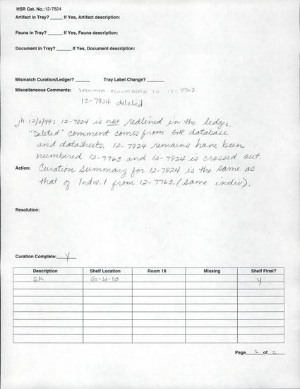 Documentation associated with Hearst Museum object titled Recataloged, accession number 12-7824, described as Human remains.