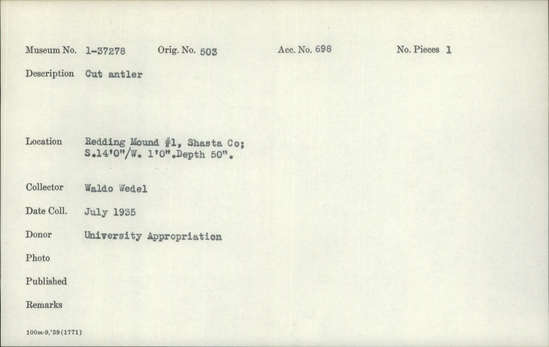 Documentation associated with Hearst Museum object titled Worked antler, accession number 1-37278, described as Antler, cut