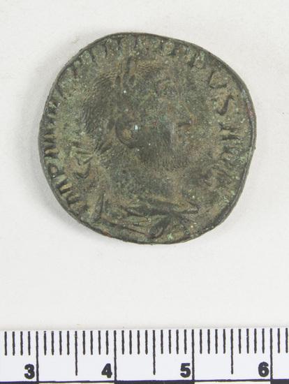 Hearst Museum object 2 of 8 titled Coin: æ sestertius, accession number 8-3984, described as Coin; AE; Sestertius; Roman. Philip Arabus, 244-249 AD. Rome, Italy. Obverse: IMP M IVL PHILIPPVS AVG, bust r. laureate. Reverse: P M TR P III COS[X]P P, Felicitas standing l.