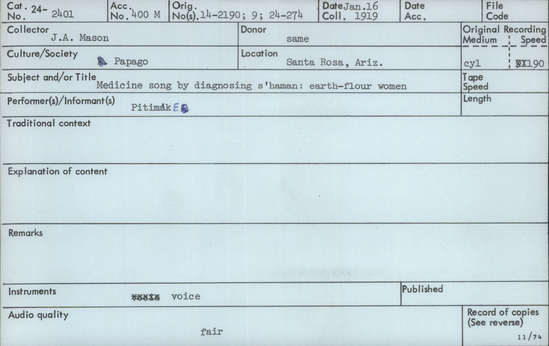 Documentation associated with Hearst Museum object titled Audio recording, accession number 24-2401, described as Medicine song by diagnosing shaman: earth-flour women