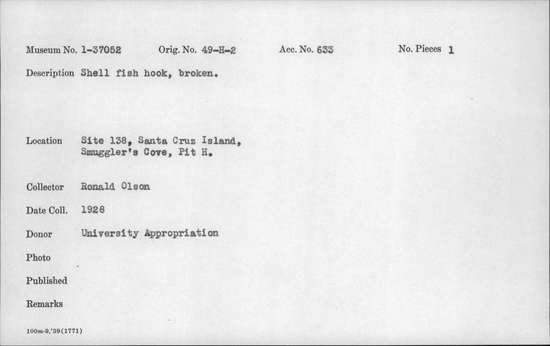 Documentation associated with Hearst Museum object titled Fishhook, accession number 1-37052, described as Made of shell, broken.