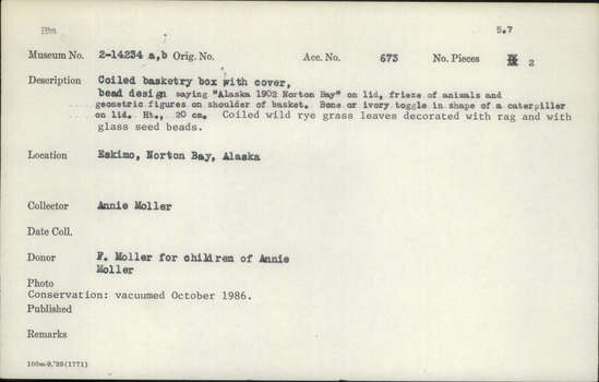 Documentation associated with Hearst Museum object titled Box and lid, accession number 2-14234a,b, described as Coiled basketry box with cover, bead design saying "Alaska 1902 Norton Bay" on lid, frieze of animals and geometric figures on shoulder of basket.  Bone or ivory toggle in shape of a caterpiller on lid.  Coiled wild rye grass leaves decorated with rag and with glass seed beads.