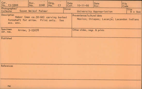 Documentation associated with Hearst Museum object titled Black-and-white print, accession number 13-5900, described as Nabor (man ca. 50-60) carving barbed foreshaft for arrow. Print only. See accession envelope.