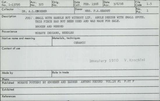 Documentation associated with Hearst Museum object titled Jug, accession number 1-13795, described as Small, with handle but without lip.  Angle design with small spots.  Broken and mended.  Ceramic.