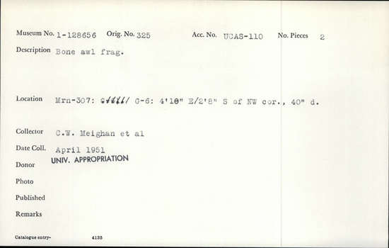 Documentation associated with Hearst Museum object titled Awl fragment, accession number 1-128656, described as Bone awl fragment. Notice: Image restricted due to its potentially sensitive nature. Contact Museum to request access.