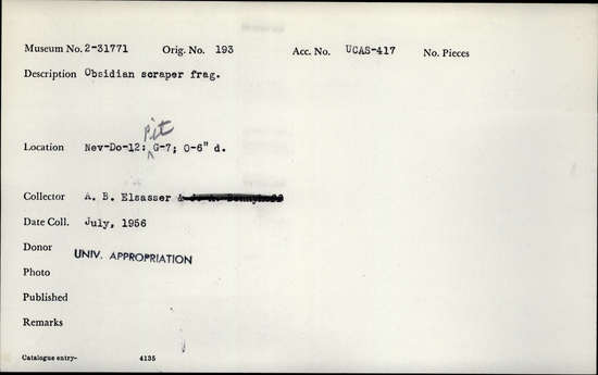Documentation associated with Hearst Museum object titled Scraper fragment, accession number 2-31771, described as Obsidian.