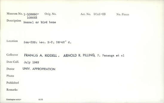 Documentation associated with Hearst Museum object titled Faunal remains, accession number 1-108659, described as Mammal or bird.