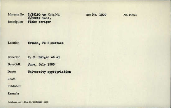 Documentation associated with Hearst Museum object titled Flake scraper, accession number 2-28244, described as Flake scraper