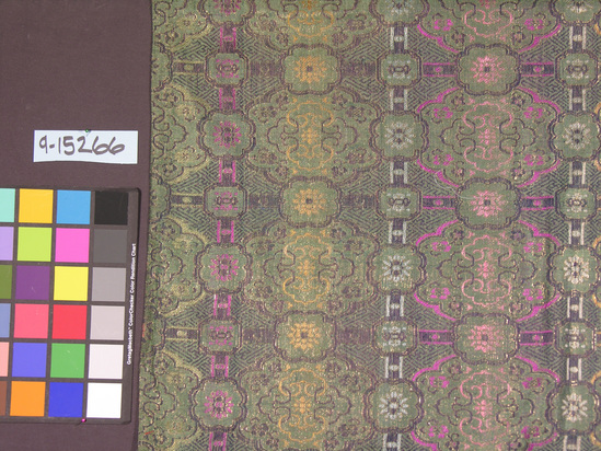 Hearst Museum object titled Lined piece, accession number 9-15266, described as Lined piece. Silk, flat gilt paper strips. Plain weave, brocaded; plain weave lining. Green ground, purple, blue, and red designs, blue lining. Floral, geometric motives. 77 inches and 52 inches.