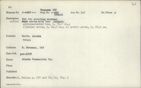 Documentation associated with Hearst Museum object titled Bow and arrows, accession number 2-4409a-c, described as Arrows with bow, used for hunting muskrat. (a) sinew-backed bow (b/c)  antler or bone tipped arrow. Wood bow, reinforced with a sinew lashing; two arrows have bone or antler with asymmetric points; a string of sinew is wound around each arrow. For the hunt the other end was knotted to the bow. Rib bone; asymmetrically carved point; notched at proximal end to take arrow string.  See bow 2-4409a and arrows 2-4409b,c. For hunting small game such as muskrat.