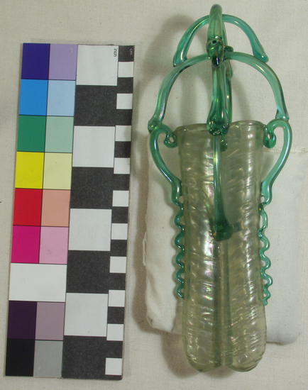 Hearst Museum object 1 of 3 titled Twin flask and hanger, accession number 8-116, described as Twin flask and hanger (modern reproduction of Roman glass)