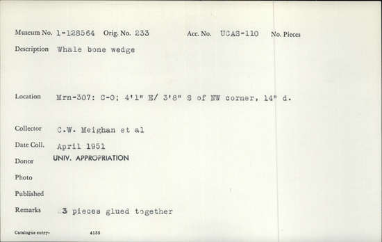 Documentation associated with Hearst Museum object titled Wedge, accession number 1-128564, described as Whale bone wedge; 3 pieces glued together.
