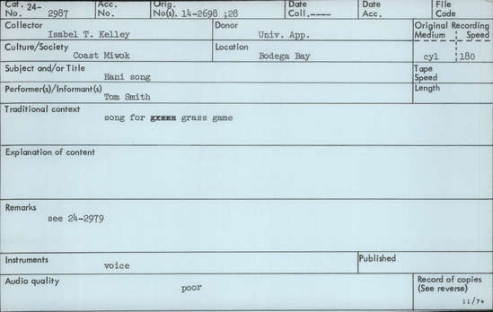 Documentation associated with Hearst Museum object titled Audio recording, accession number 24-2987, described as Hani Song (song for the Grass Game)