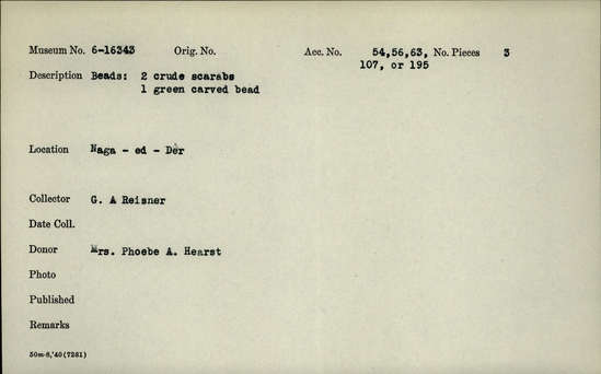 Documentation associated with Hearst Museum object titled Beads, accession number 6-16343, described as Beads: 2 crude scarabs, 1 green carved bead.