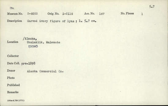 Documentation associated with Hearst Museum object titled Zoomorph, accession number 2-6022, described as Carved ivory figure of lynx.