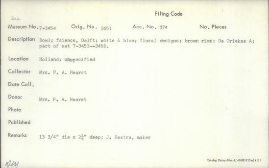 Documentation associated with Hearst Museum object titled Bowl, accession number 7-3454, described as Bowl; faience; Delft; white and blue; floral designs; brown rims; De Griekse A; part of set 7-3453-3458