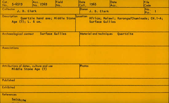 Documentation associated with Hearst Museum object titled Handaxe, accession number 5-6519, described as quartzite handaxe