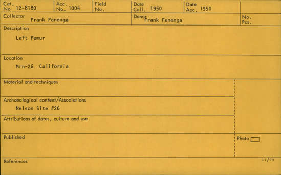 Documentation associated with Hearst Museum object titled Human remains, accession number 12-8180, described as Partial postcrania [L femur]