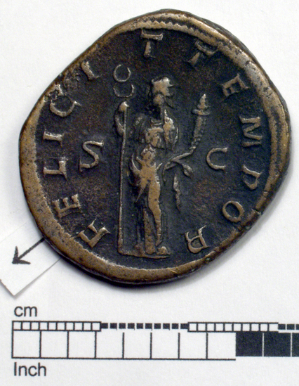 Hearst Museum object 3 of 8 titled Coin: æ sestertius, accession number 8-5921, described as Coin: Sestertius; Æ; Gordianus.Pius - 17.17 grams. Rome, 240-244 AD. Obverse: IMP GORDIANVS PIVS FEL AVG - bust facing right, laureate, draped, cuirassed. Reverse: FELICI T TEMPOR, SC - Felicitas standing holding long caduceus and cornucopiae.