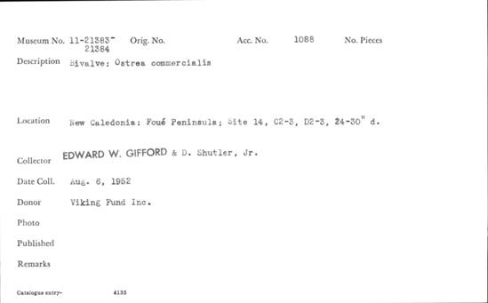Documentation associated with Hearst Museum object titled Shell, accession number 11-21383, described as Bivalve shell.
