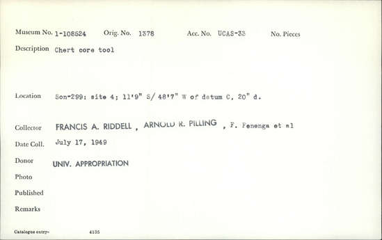 Documentation associated with Hearst Museum object titled Worked stone, accession number 1-108524, described as Chert core.