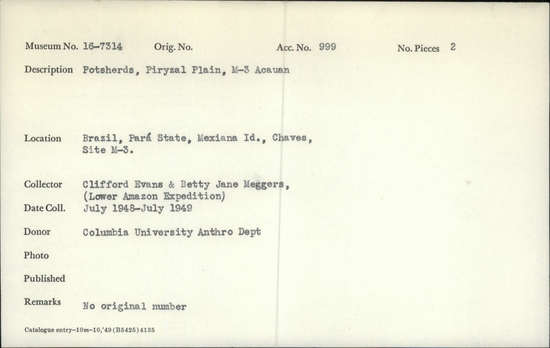 Documentation associated with Hearst Museum object titled Potsherds, accession number 16-7314, described as Potsherds; Piryzal Plain